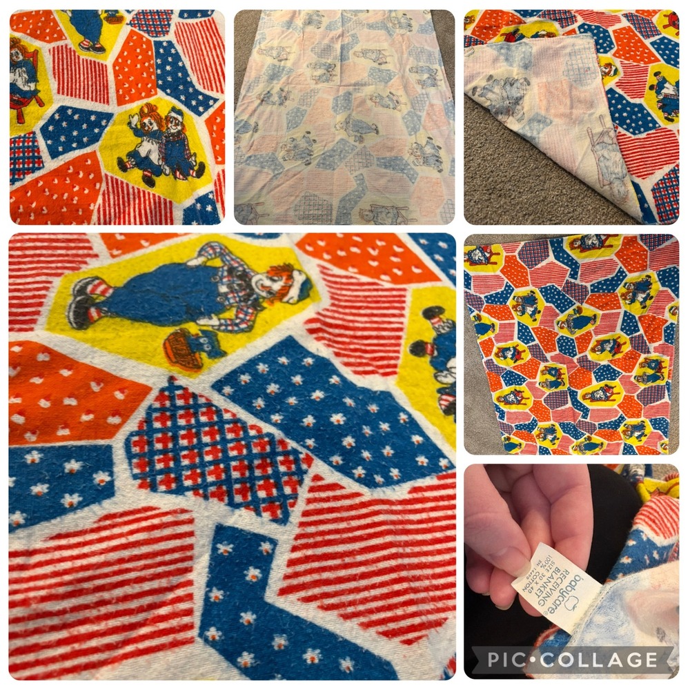 Vintage Babycare Raggedy Ann and Andy Cotton Receiving Blanket 30x40 Red Blue